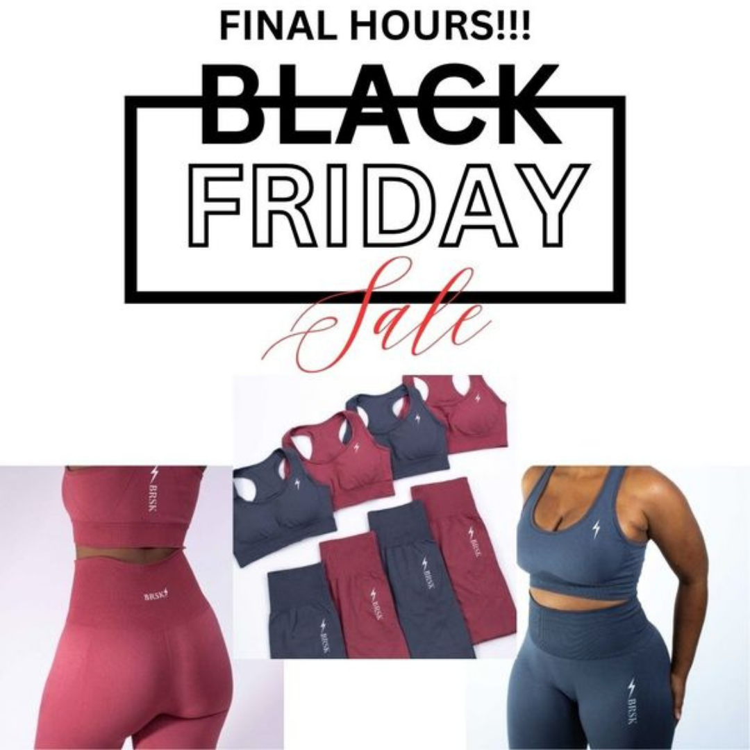 Black Friday sale advertisement. Activewear sets in red and navy, with a woman modeling a blue set.