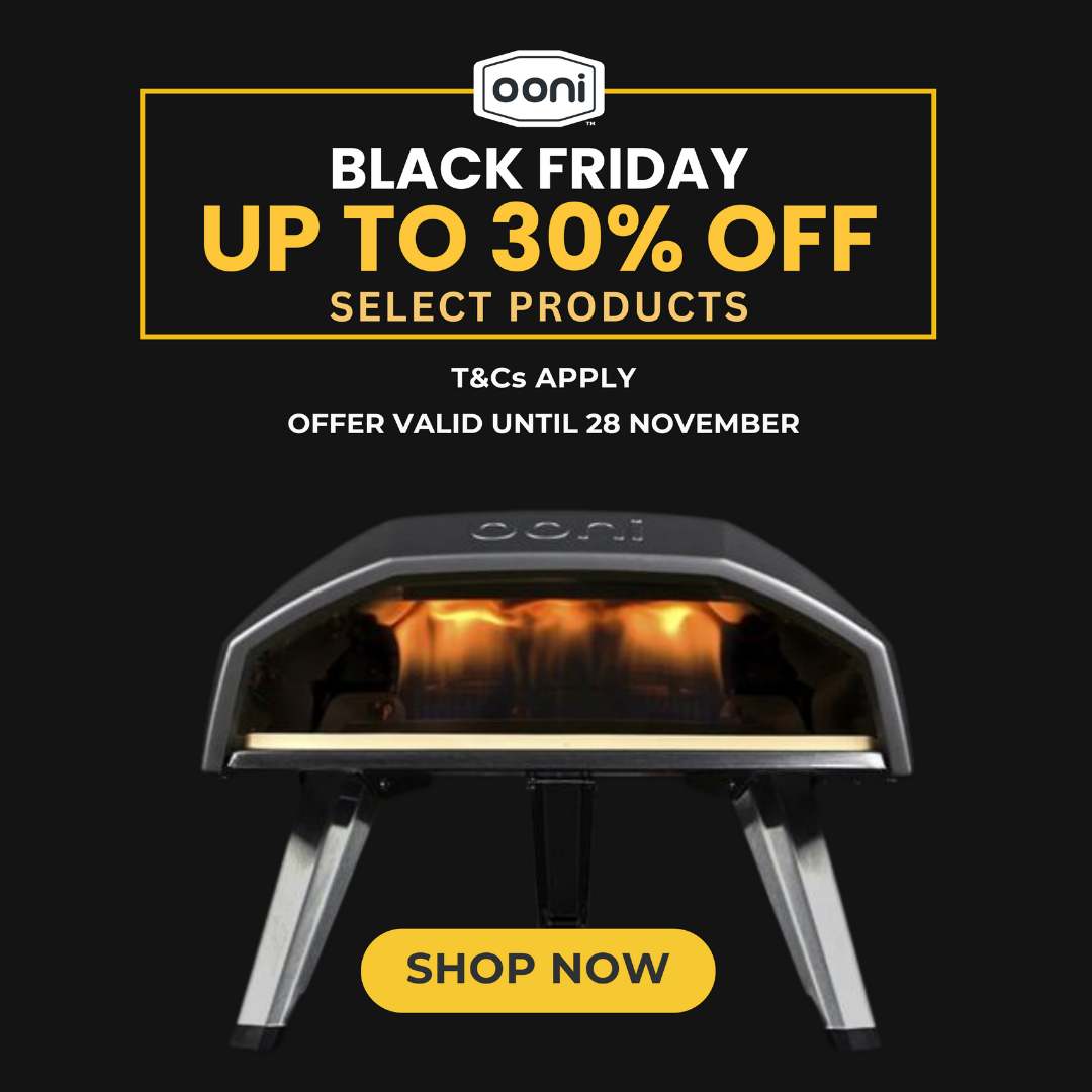 Black Friday sale on Ooni pizza ovens, up to 30% off, expires Nov 28. Features a pizza oven with flames, shop now button.