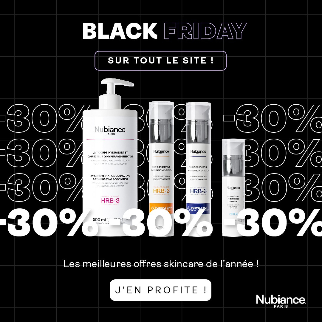 Black Friday skincare sale ad. White products on black background, offering 30% off.