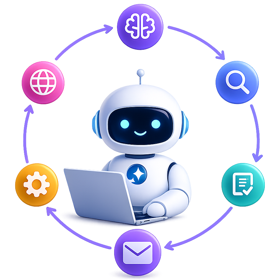 Cute robot with laptop, surrounded by circular AI icons in purple, blue, pink, and orange.