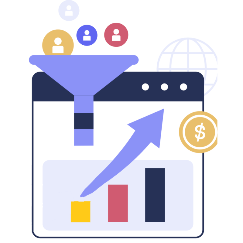 A funnel processes user icons into a growing bar chart with an upward trend arrow and a gold coin icon.