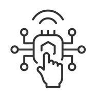 Hand pressing a button on a smart home control circuit board with a home icon and wireless signal.