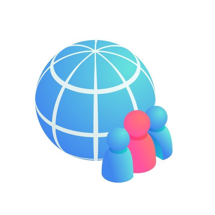 A globe with three people standing around it