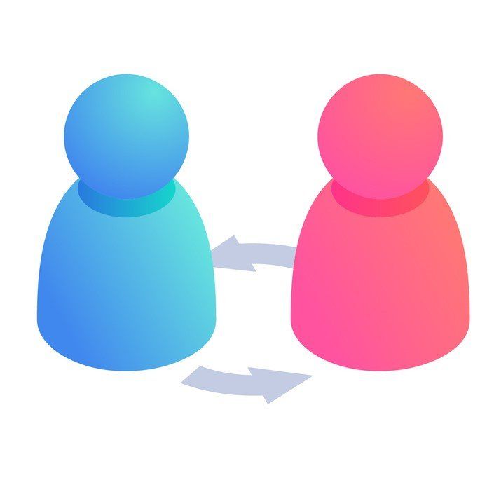 Two people , one blue and one pink , are connected by arrows.