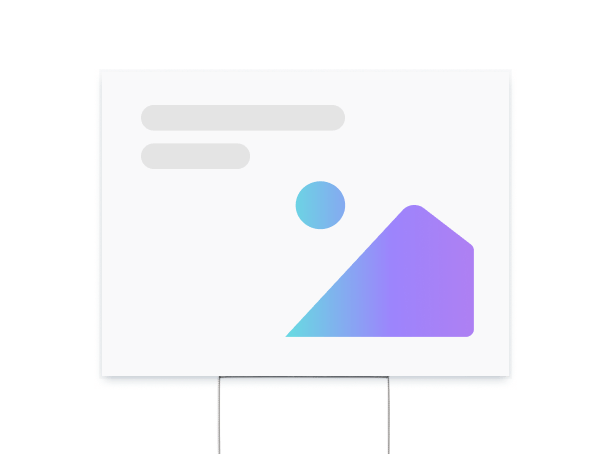 White card with placeholder text, a blue circle, and a purple-blue mountain icon, held by a stand.