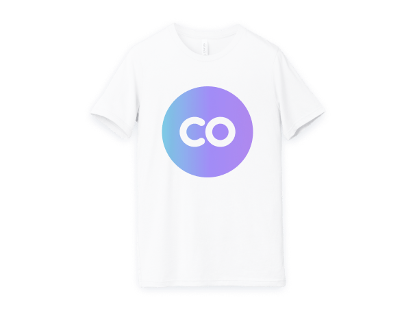 White t-shirt with a blue and purple gradient circle graphic containing the white letters 