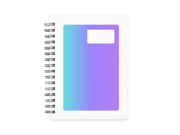 Spiral-bound notebook with a blue to purple gradient cover and a white label.
