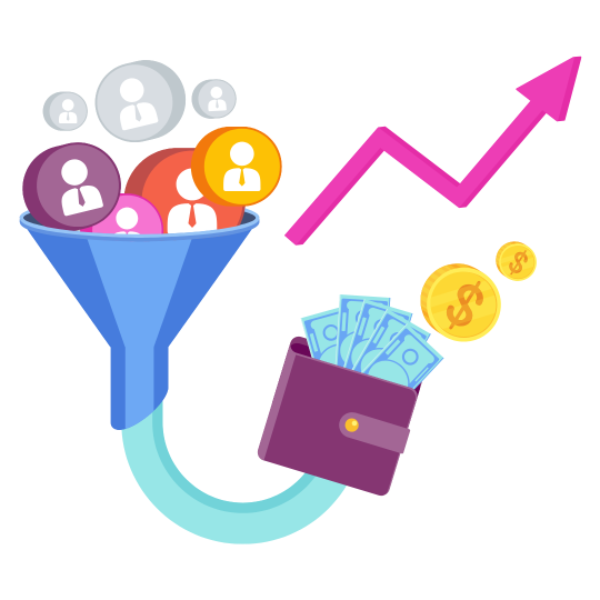 Customer funnel turning leads into money, with rising pink growth arrow and wallet of cash icons