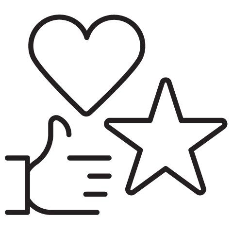 A line drawing of a thumbs up , a heart and a star.