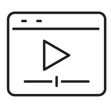 A black and white icon of a play button on a computer screen.