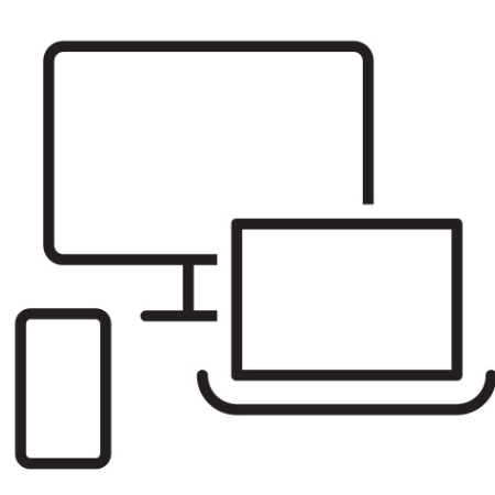 A line drawing of a computer , laptop , and cell phone.