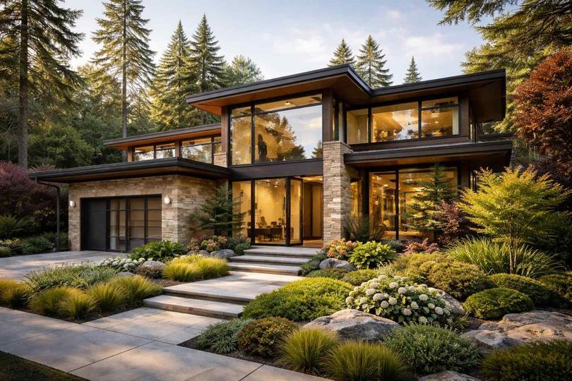 A modern two-story home with large glass windows, stone accents, and a landscaped yard, set against a forest backdrop.