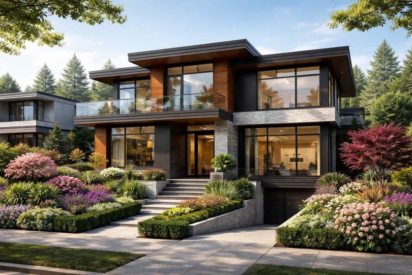A modern two-story home with large windows and a balcony, surrounded by lush, colorful gardens and trees.