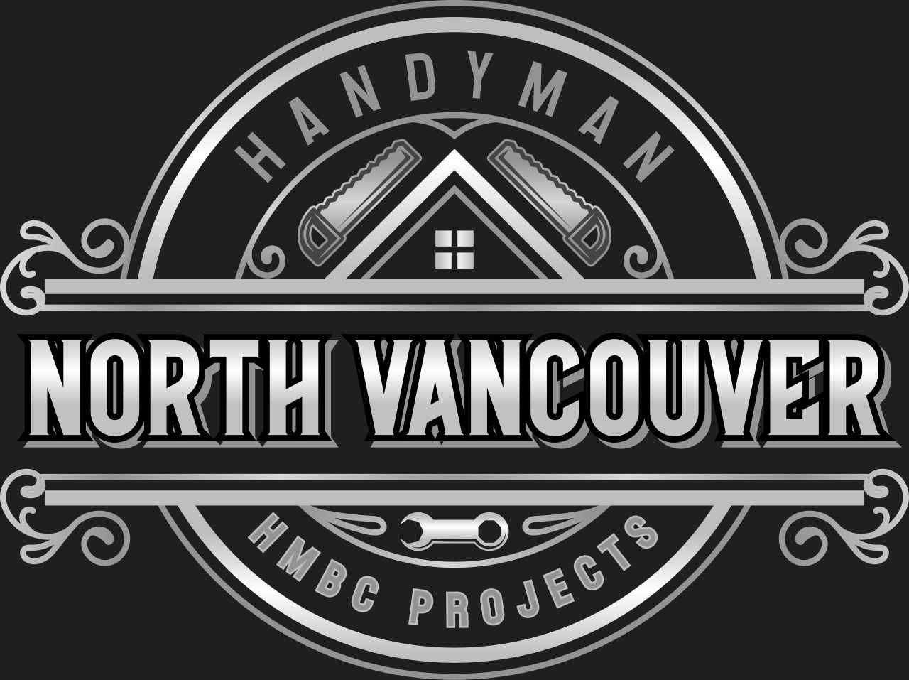 A logo for handyman north Vancouver with a man in a shield