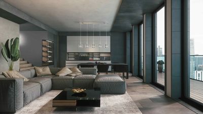 A living room with a couch and a coffee table