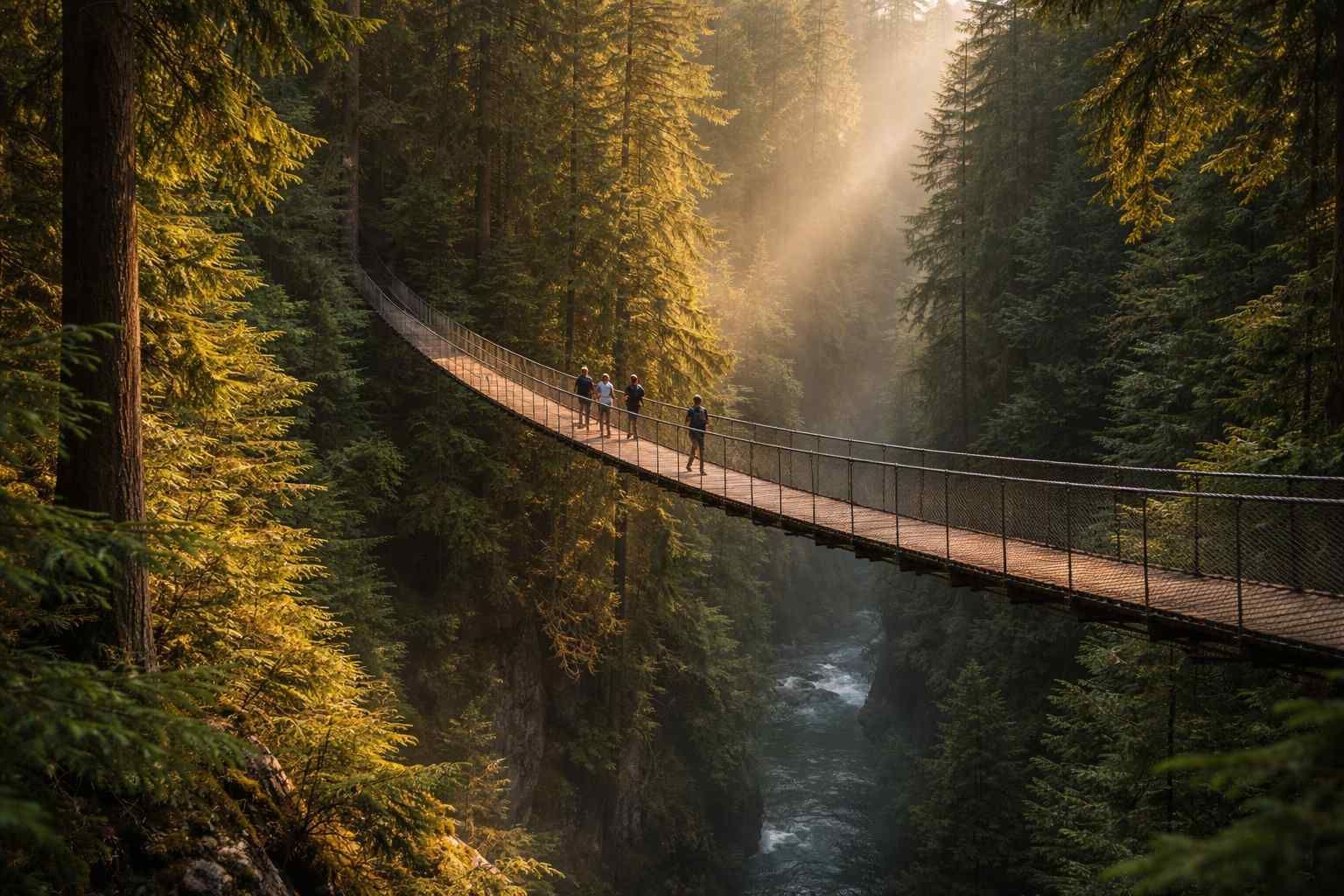 A suspension bridge spans a misty forest canyon with sunbeams filtering through the trees as people cross the bridge.