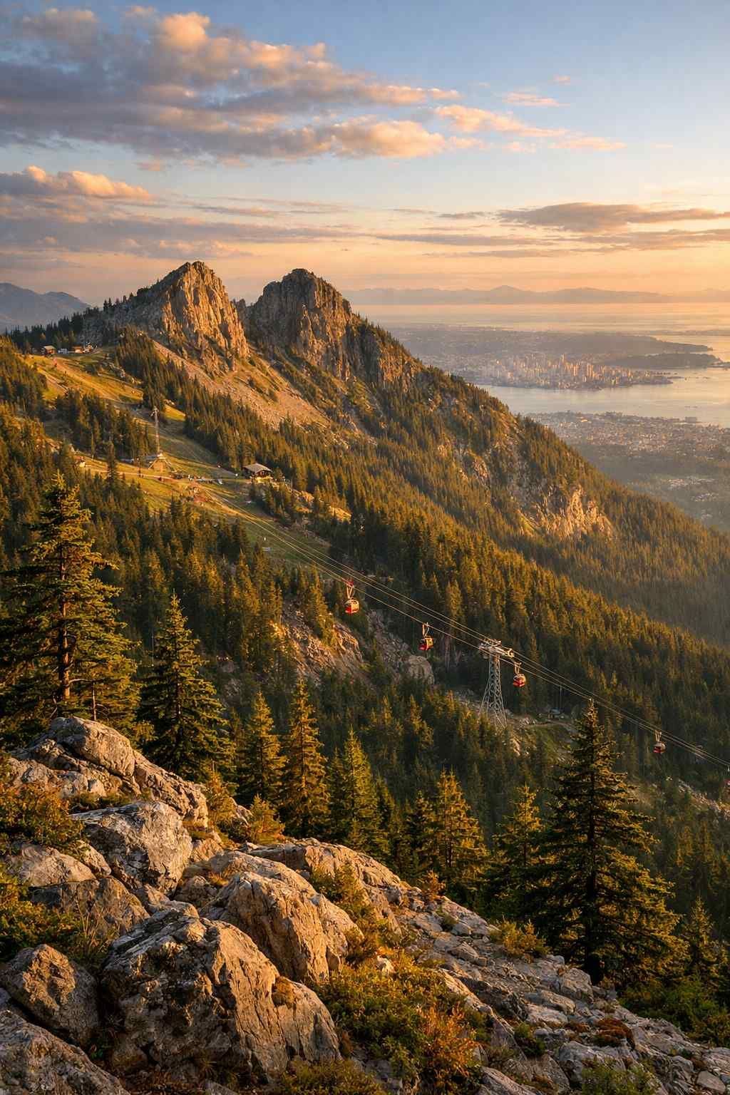 Golden sunset light illuminates the twin peaks of The Lions mountains, overlooking the city of Vancouver and the ocean.