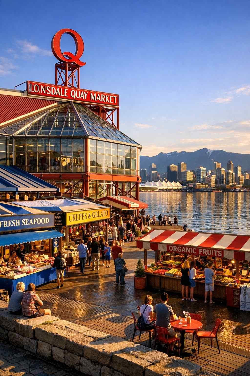 People walk through Lonsdale Quay Market’s outdoor stalls by the water, with Vancouver’s skyline visible in the distance.