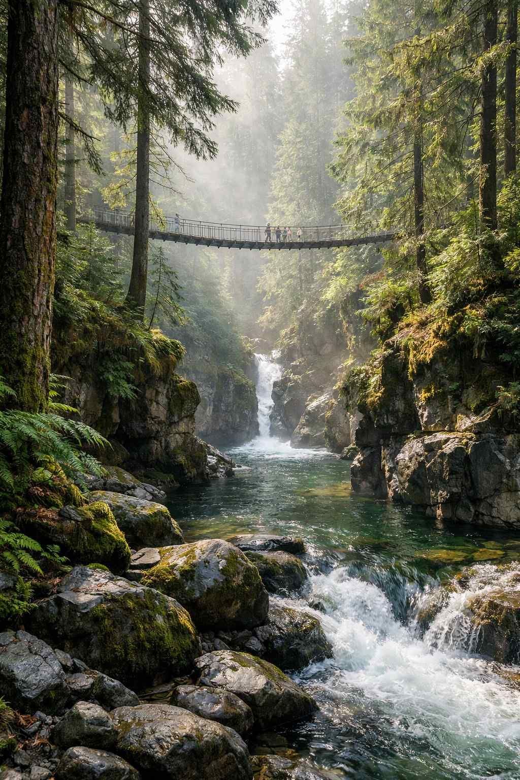 A suspension bridge hangs over a rushing river and waterfall, framed by mossy rocks and a lush, misty forest.