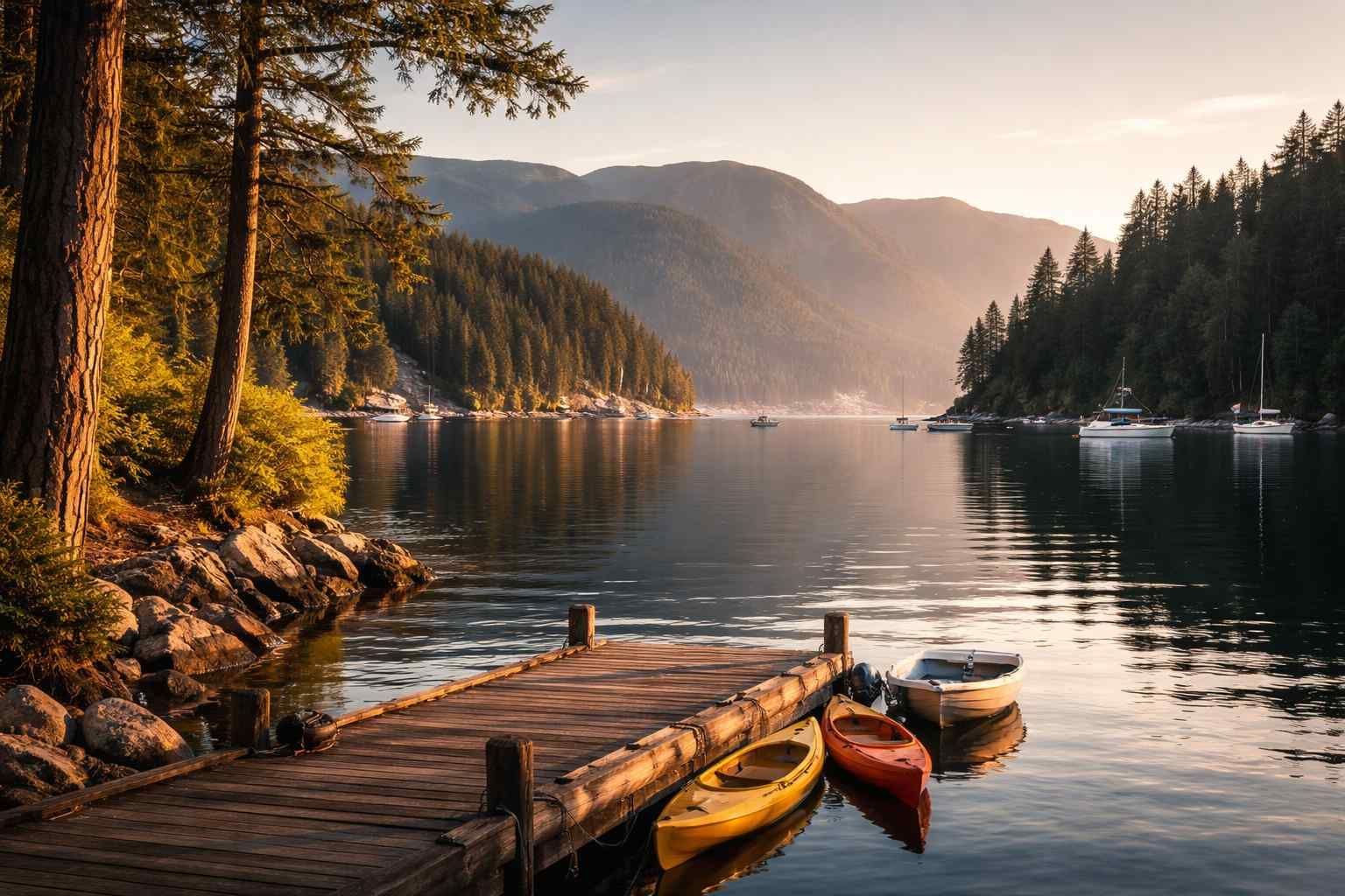 A wooden dock with colorful kayaks leads into a calm lake surrounded by forested mountains at golden hour.