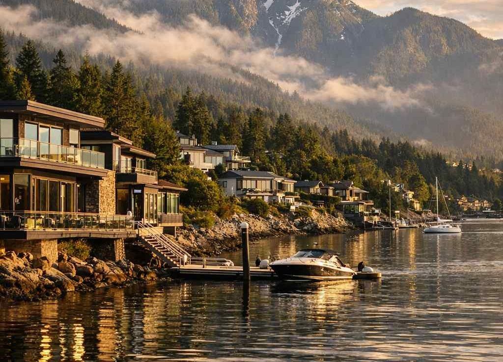 Modern houses built on a rocky, forested shoreline overlooking a bay with a small motorboat at sunset.