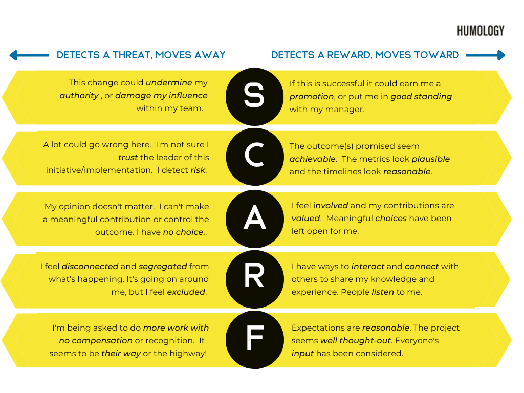 Diagram showing the SCARF model of social needs. Text and arrows explain each element: Status, Certainty, Autonomy, Relatedness, and Fairness.