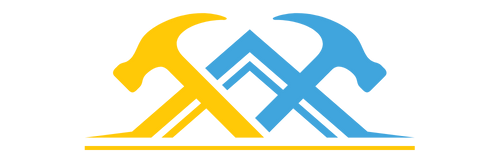 A yellow and blue logo with two hammers on a white background.