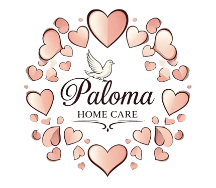 Logo for Paloma Home Care: pink hearts encircling a dove and cursive text.
