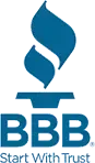 The bbb logo is blue and white and says `` start with trust ''.