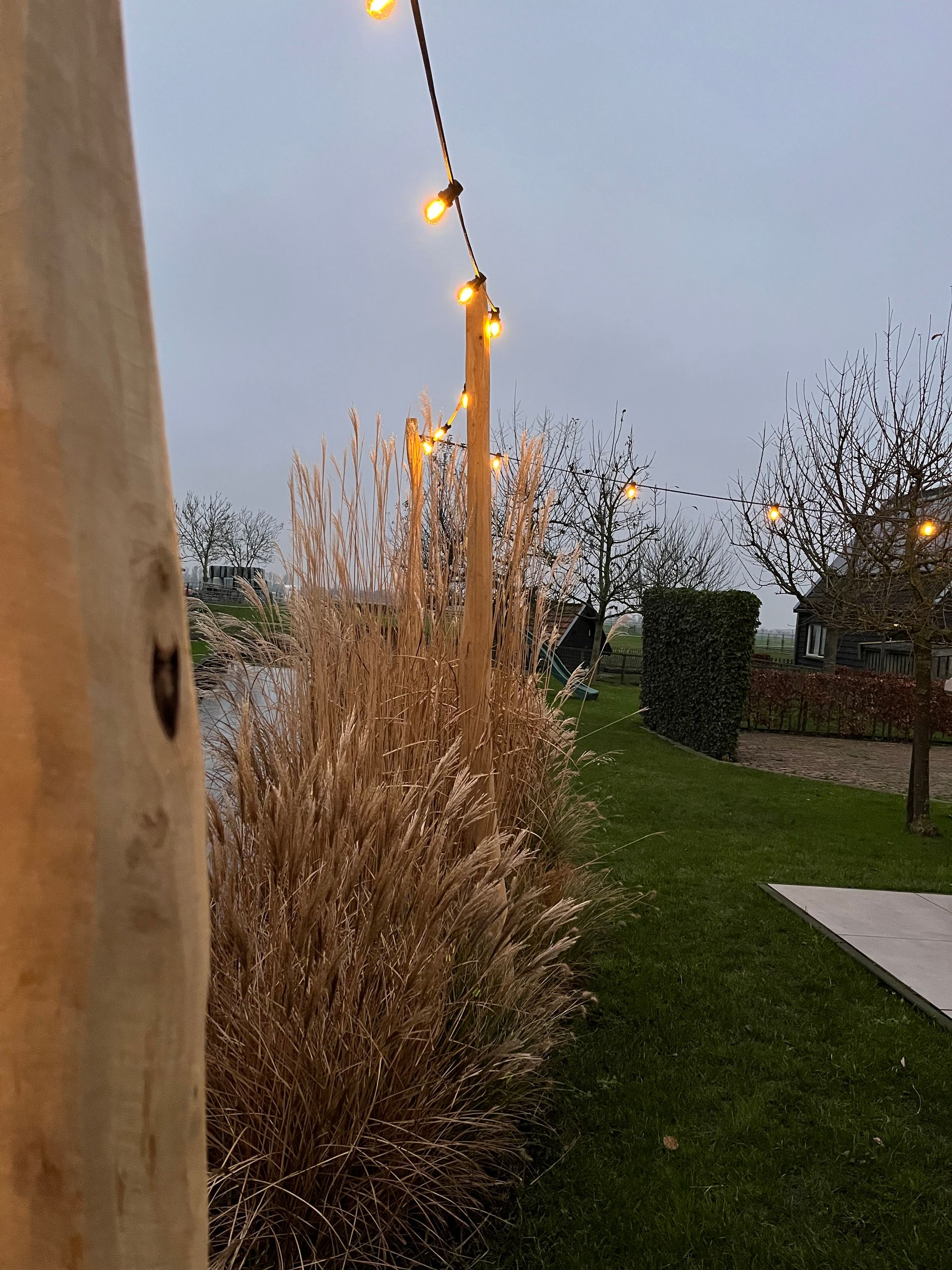 Slingerlampjes aan een houten paal verlichten een grasveld in de schemering.