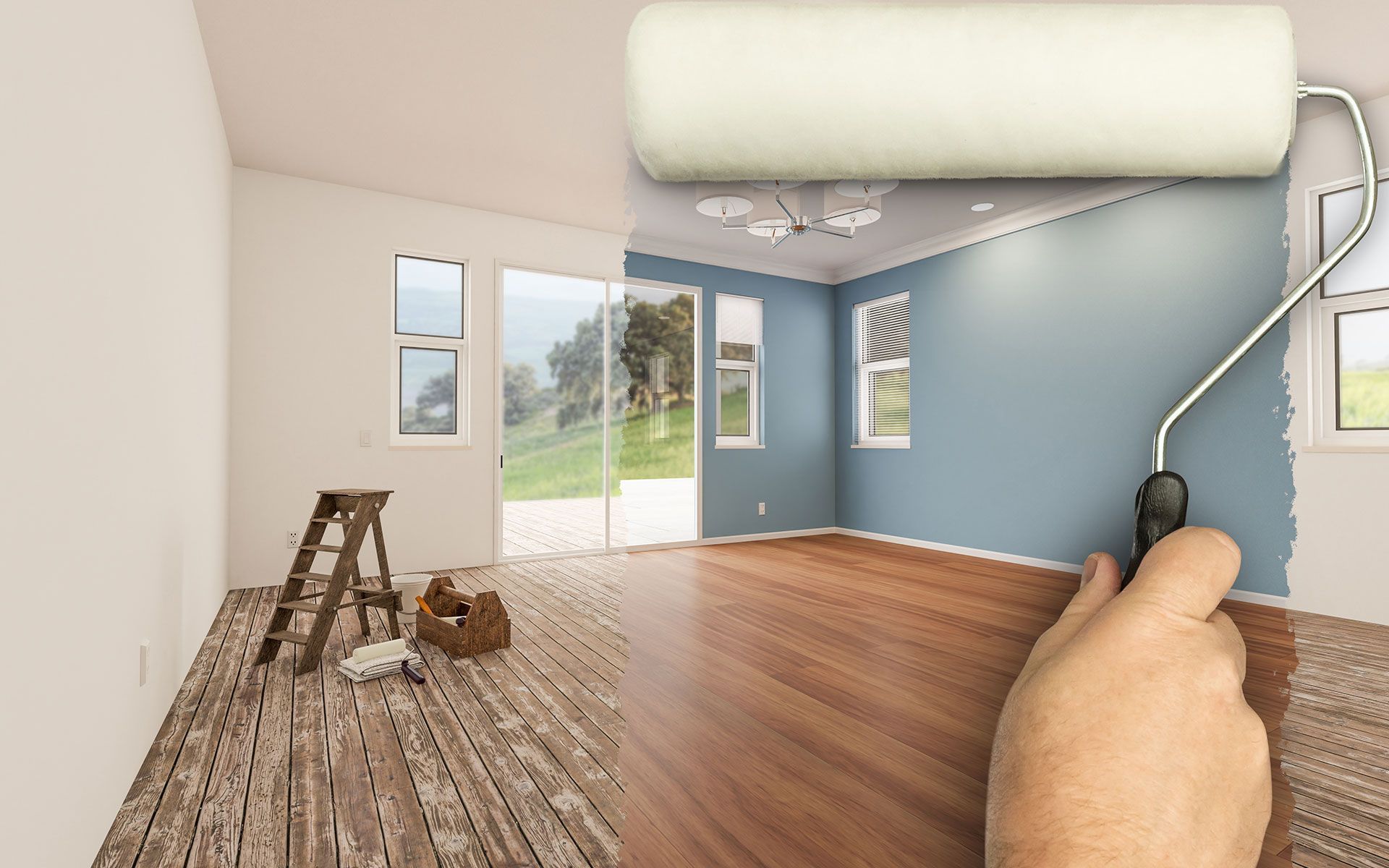 A person is painting a room with a paint roller.