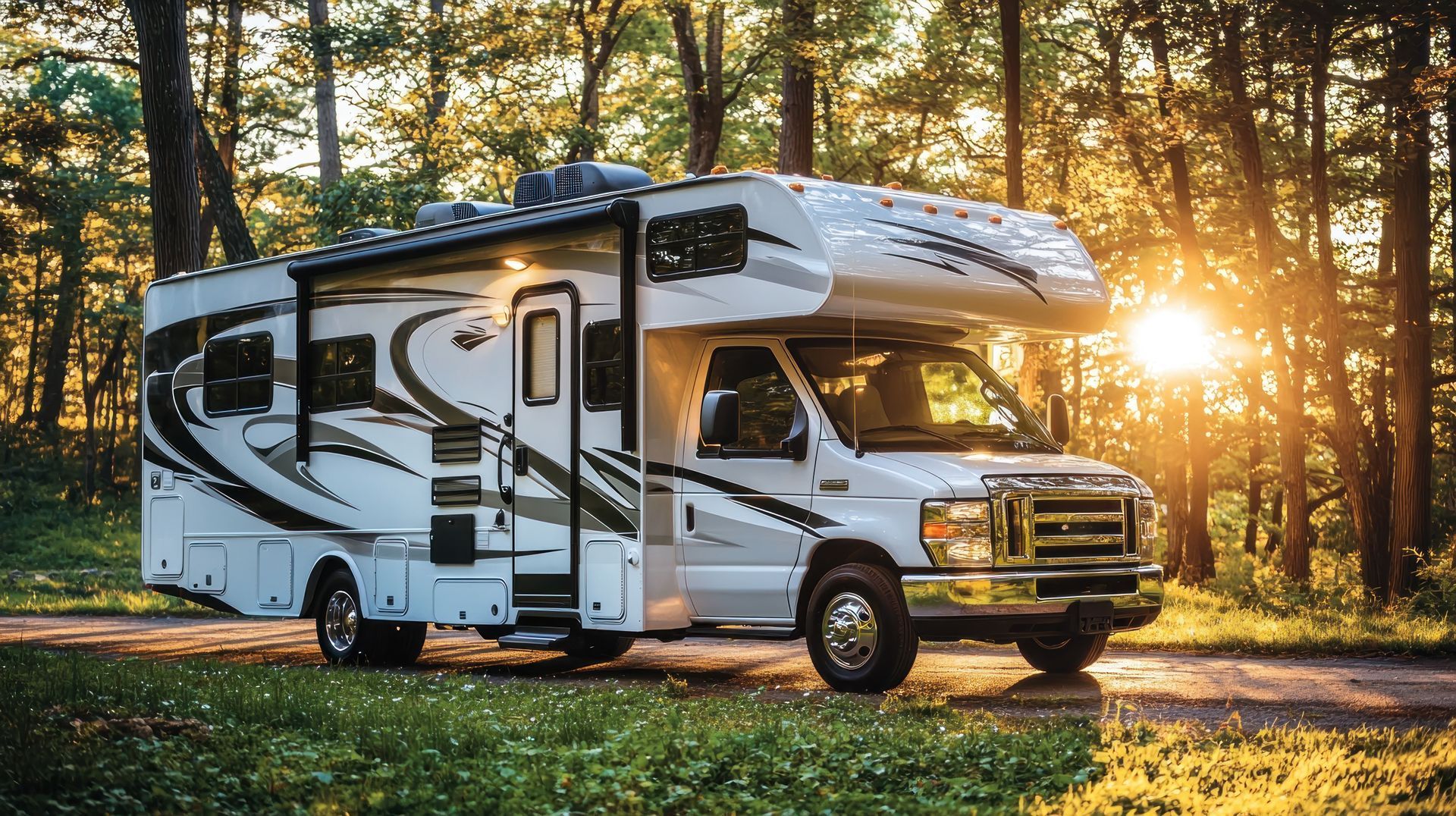RV parked on a forest road with the sun shining through the trees.