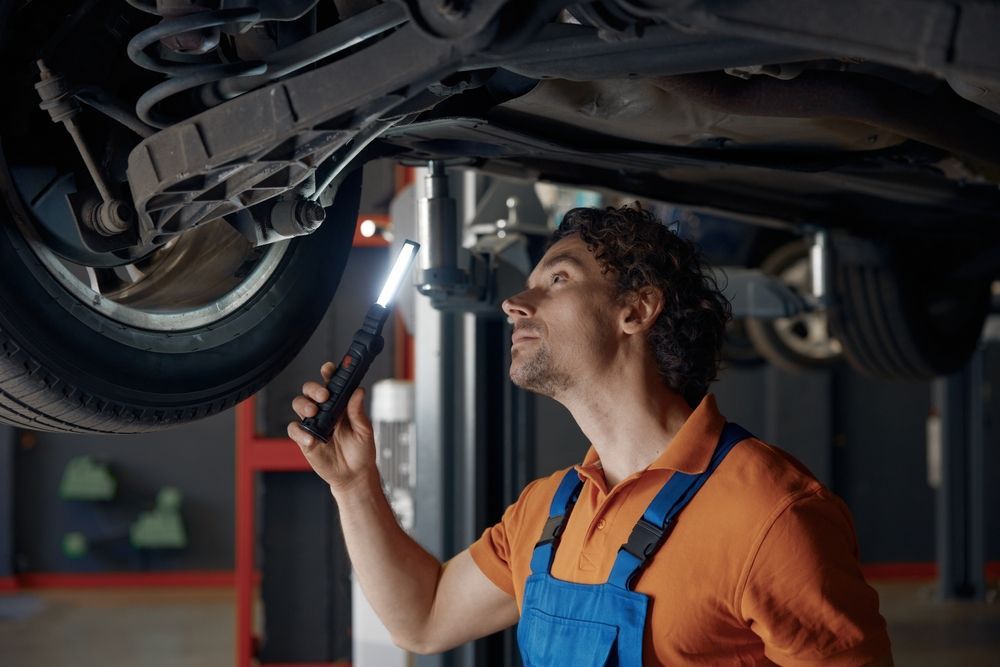 A mechanic in a blue uniform writes on a clipboard while standing next to a car with its hood open in a repair shop.