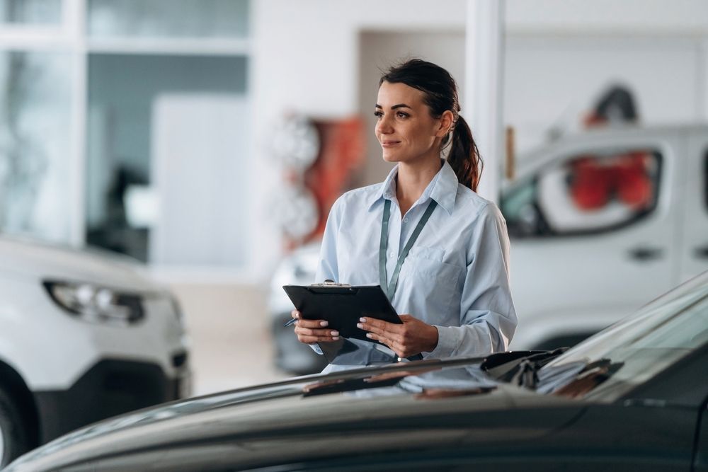 A professional holding a clipboard stands in a car dealership showroom with vehicles visible in the foreground and back.
