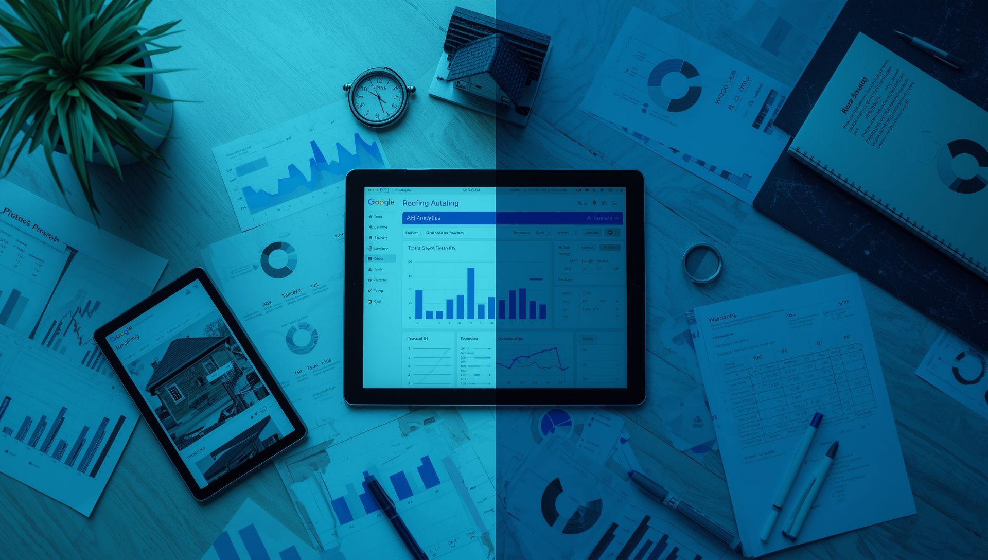 Digital marketing concept comparing Facebook Ads and Google Ads performance for roofing businesses