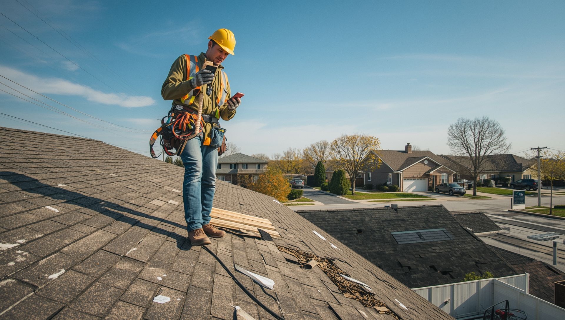 Roofing contractor on a residential roof responding to a new lead on a smartphone