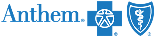 Anthem logo with blue text and two blue health insurance shield icons on a white background