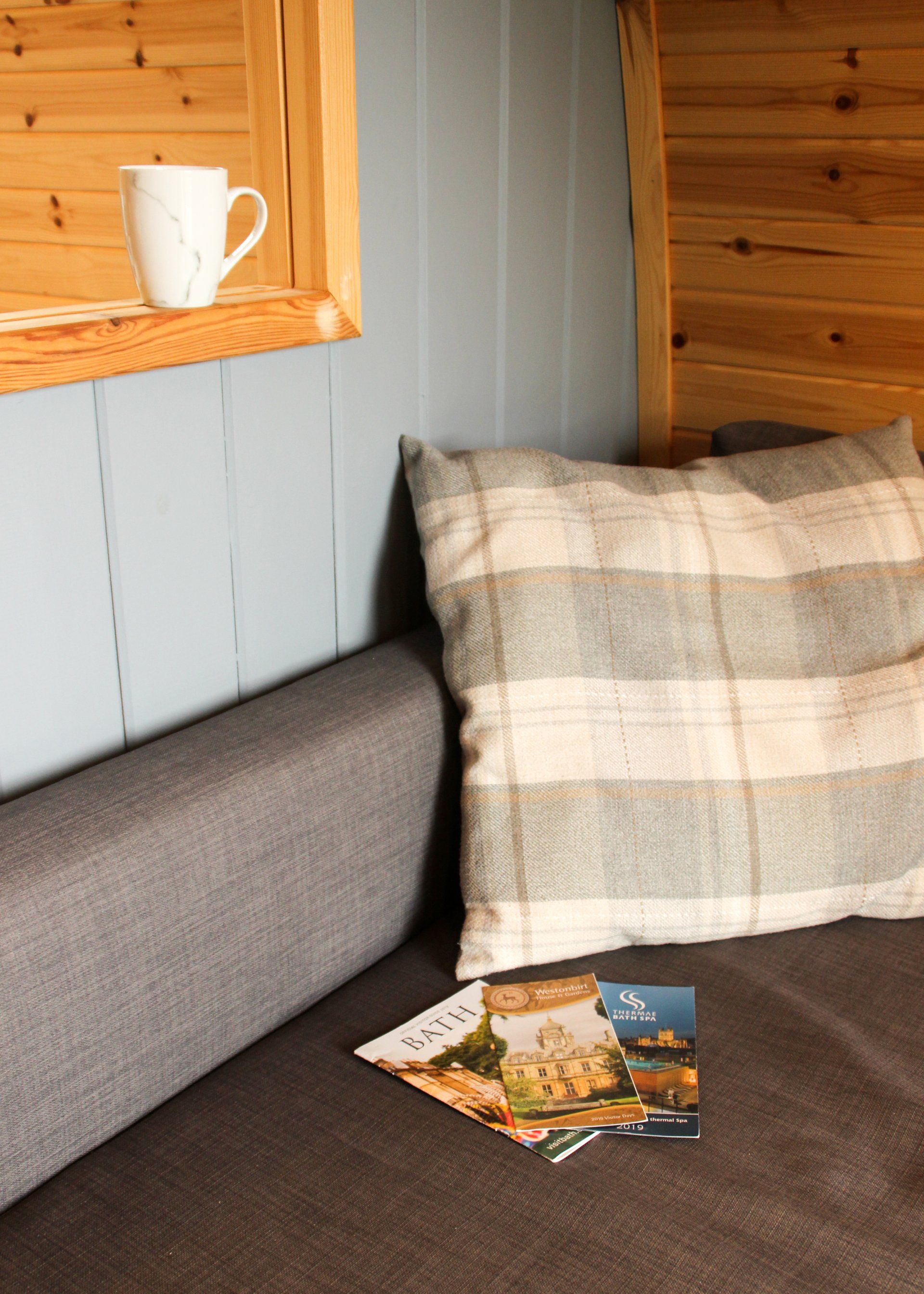 A couch with a pillow and a magazine on it.