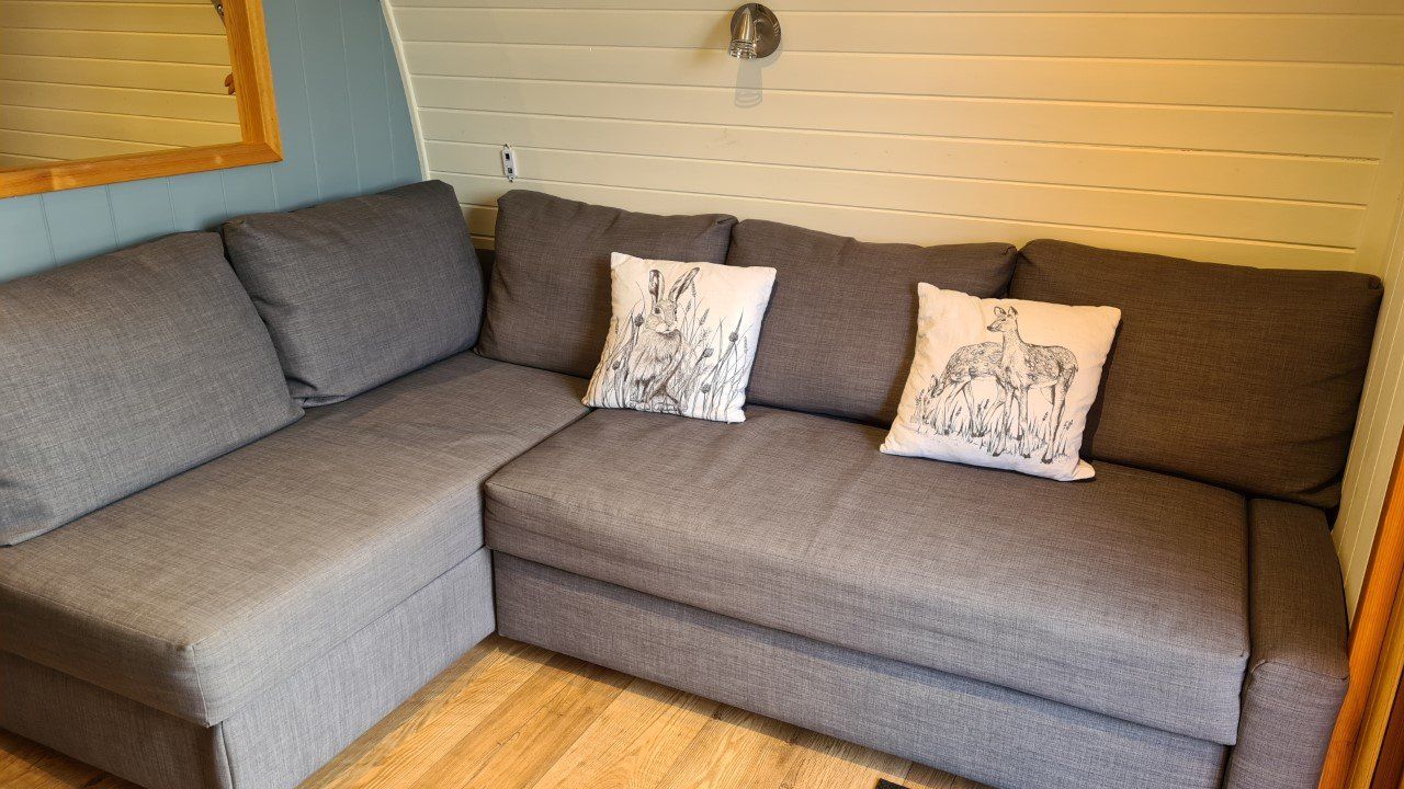 A couch with two pillows on it is in a living room.