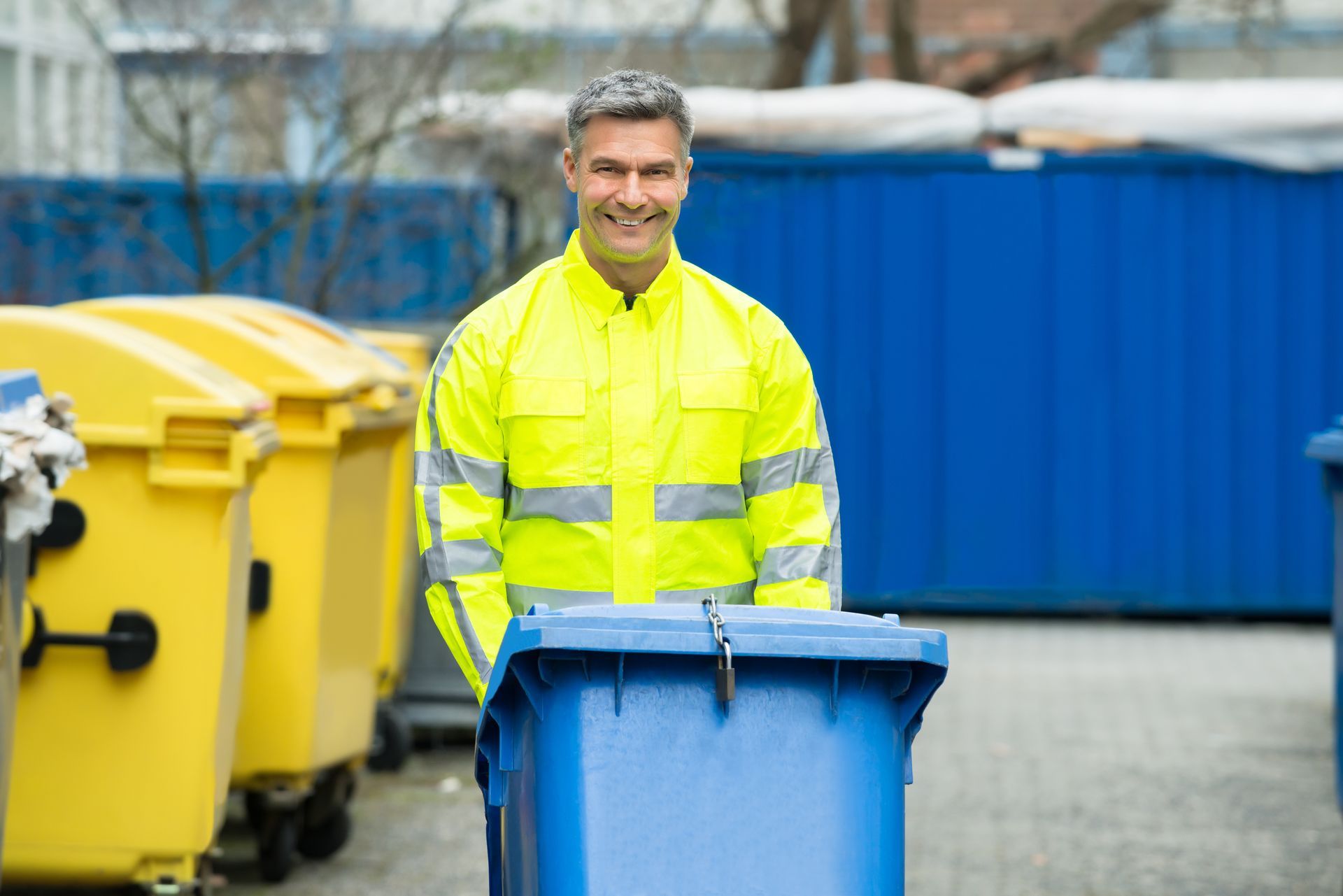 A smiling worker walking with a blue wheel bin on a street with large yellow bins behind him.