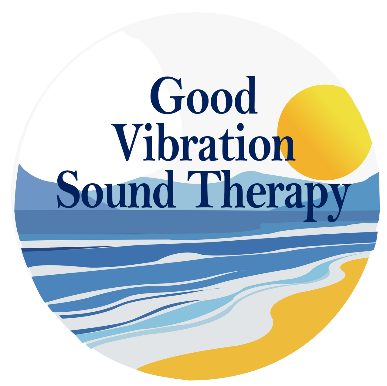 Circular logo with blue ocean, yellow sun, and text