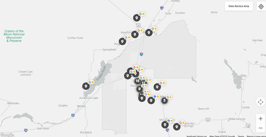 Map with yellow markers indicating locations in a desert landscape.