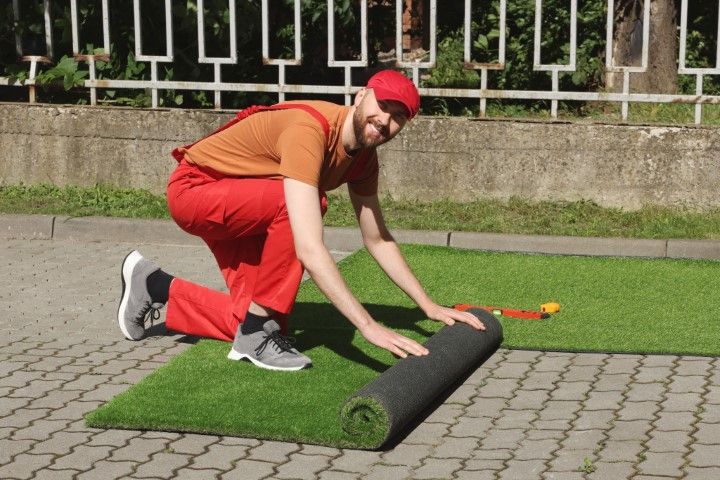 Man in red overalls rolls out artificial grass on pavement, smiling.