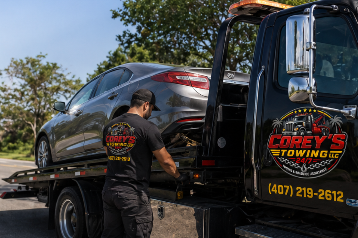 Corey’s Towing LLC towing truck securing vehicle in Kissimmee