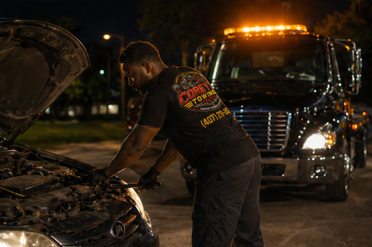 Corey’s Towing LLC vehicle recovery operation in Kissimmee