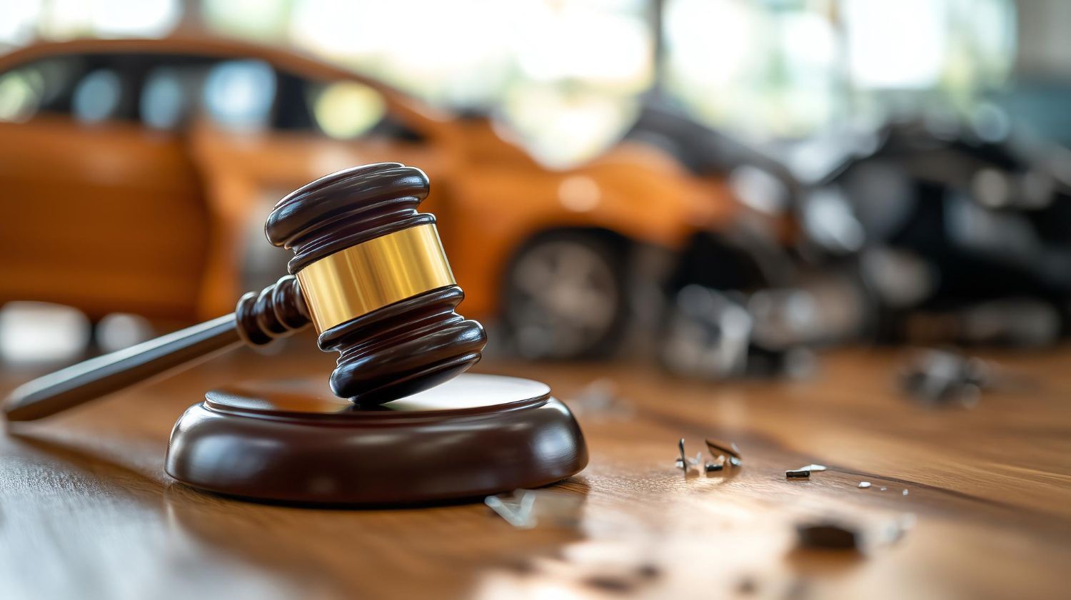 A wooden gavel and sound block sit on a polished table, with a blurred, crashed yellow vehicle in the background.