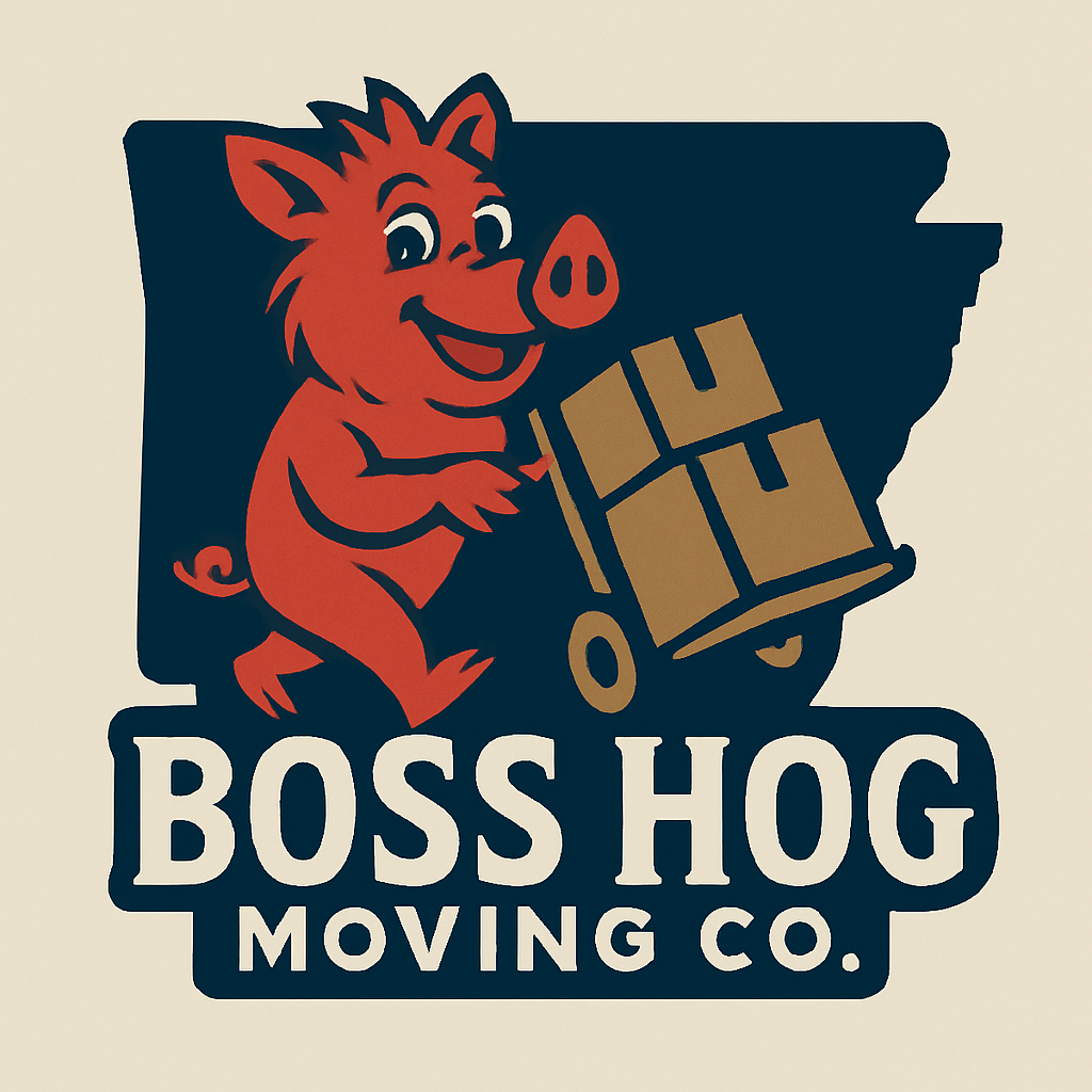 Cartoon pig pushing boxes on a cart; Arkansas state outline in background; “Boss Hog Moving Co.” logo.