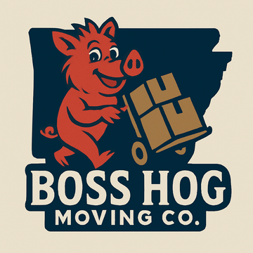 Cartoon pig pushing boxes on a cart; Arkansas state outline in background; “Boss Hog Moving Co.” logo.