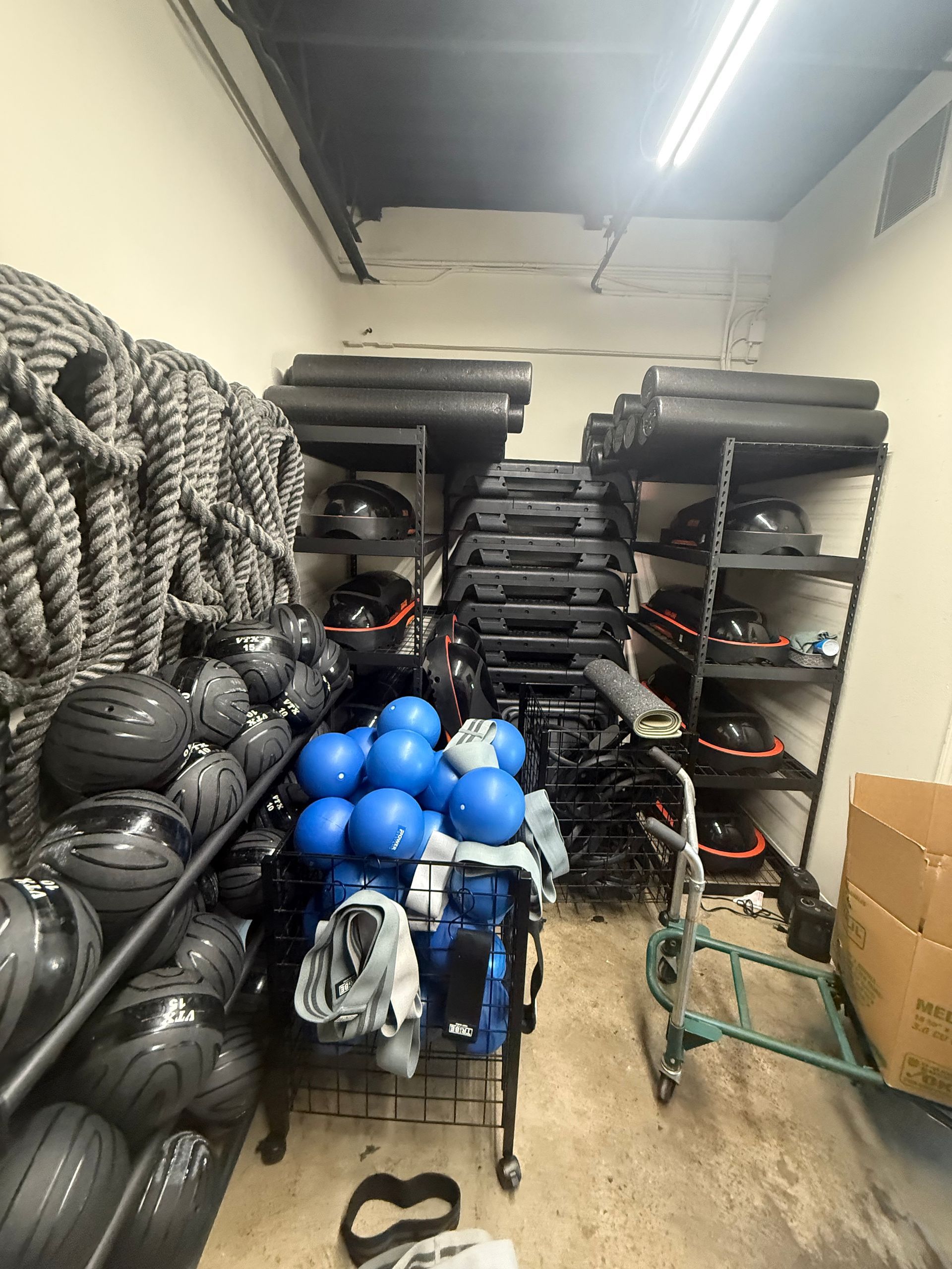 Storage room with fitness equipment: ropes, medicine balls, steps, and hand trucks.