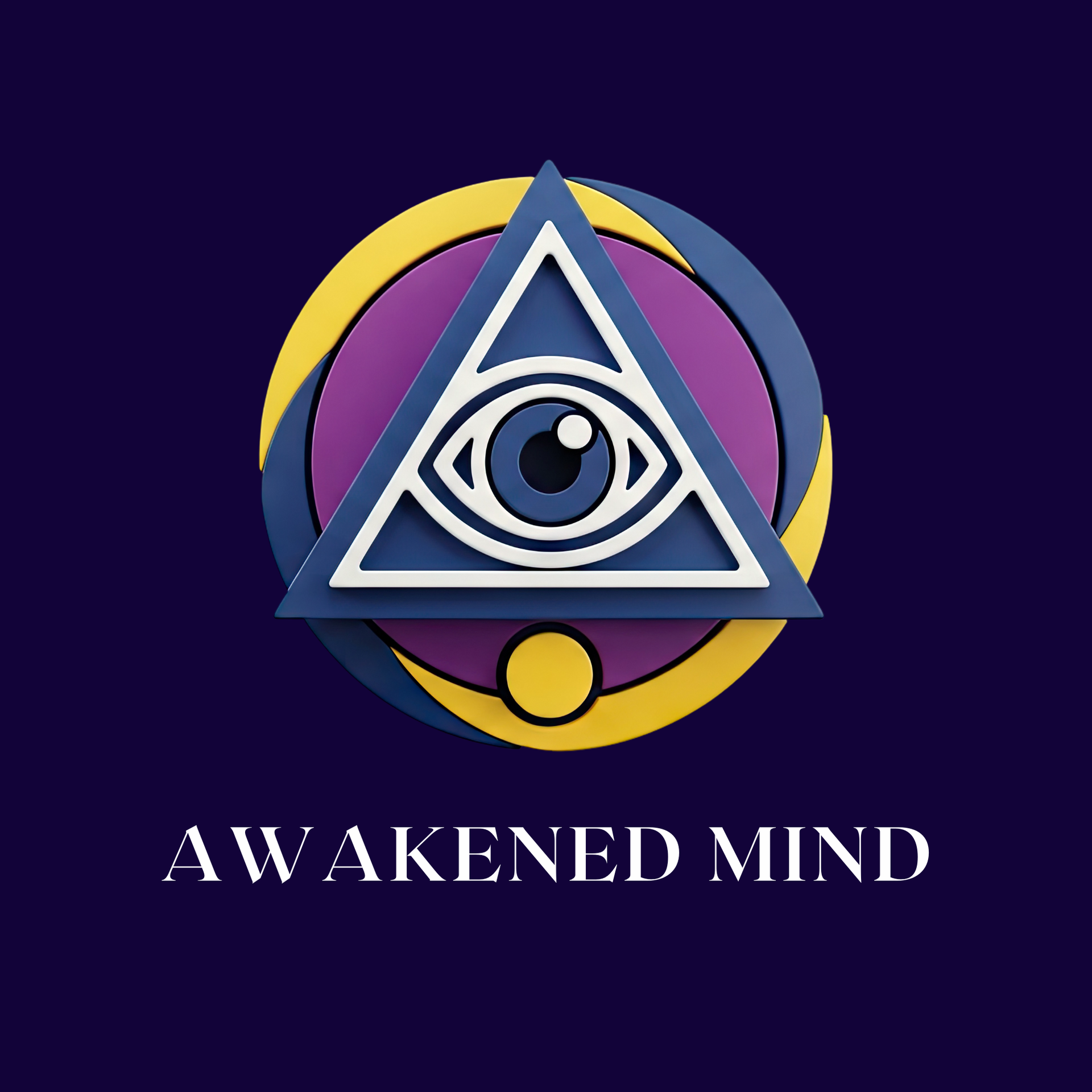 A logo of an eye inside a triangle, layered over purple and yellow circles, with the text 
